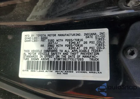 2000 Toyota Tundra Access Cab Limited из США, поврежденный, VIN 5TBRT3817YS117265